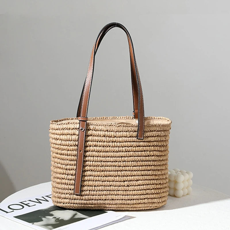 Women Straw Handbag with Adjustable Handle Large Single Shoulder Tote Bag