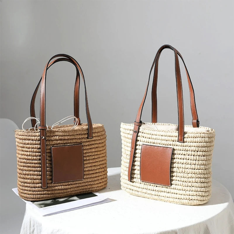 Women Straw Handbag with Adjustable Handle Large Single Shoulder Tote Bag