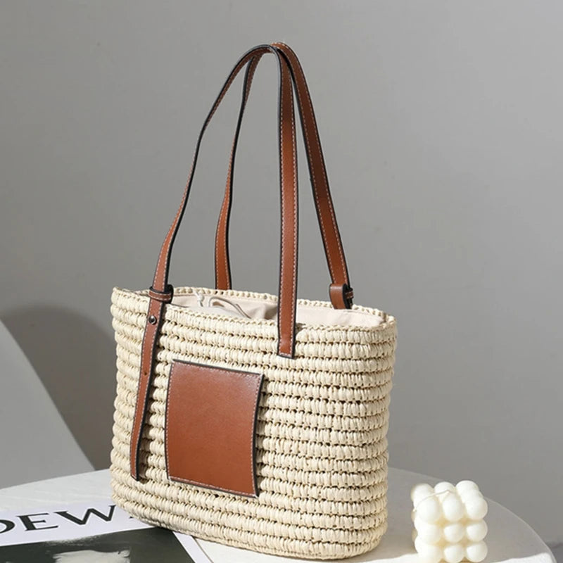 Women Straw Handbag with Adjustable Handle Large Single Shoulder Tote Bag