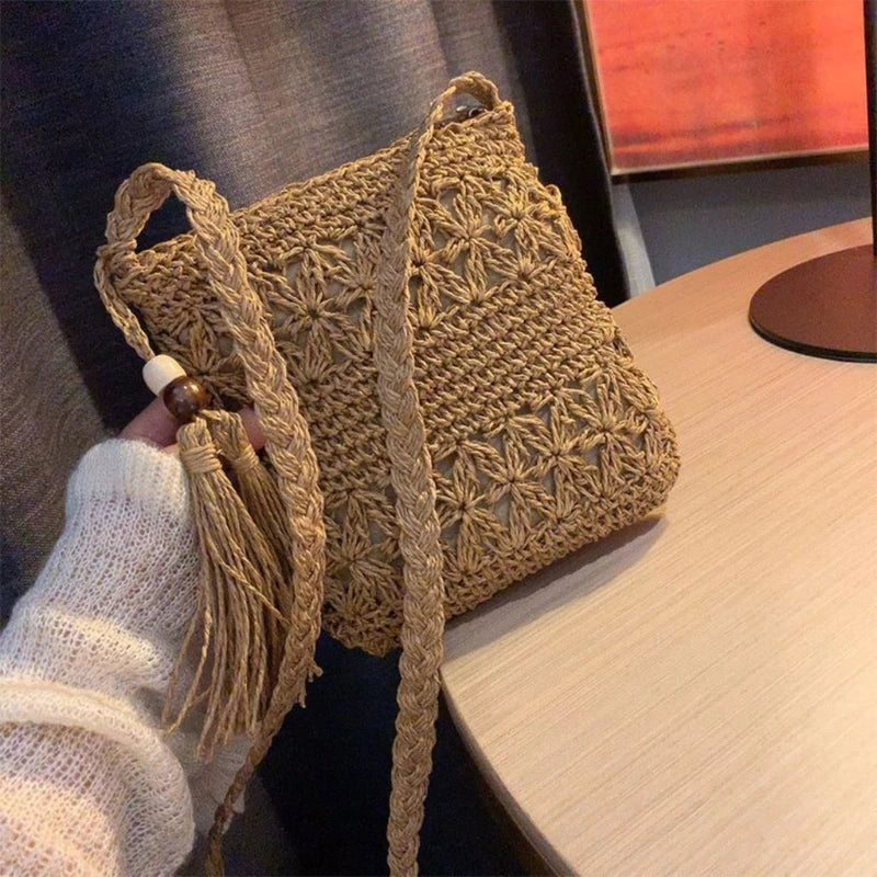 Boho Woven Straw Shoulder Bag with Tassel