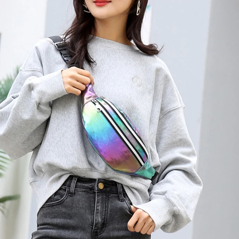 Women Holographic Fanny Pack Belt Pouch PU Waist Bag