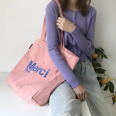 French Print Eco Friendly Canvas Shoulder Bag Casual Tote Girls' Books Bag