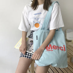 French Print Eco Friendly Canvas Shoulder Bag Casual Tote Girls' Books Bag