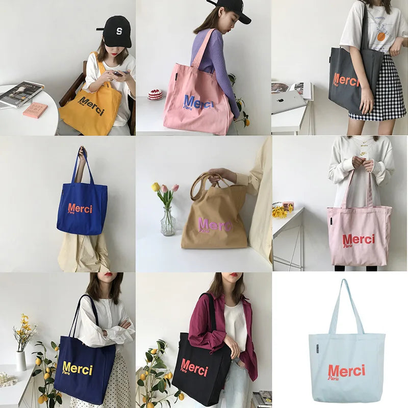 French Print Eco Friendly Canvas Shoulder Bag Casual Tote Girls' Books Bag