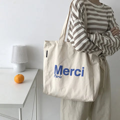 French Print Eco Friendly Canvas Shoulder Bag Casual Tote Girls' Books Bag