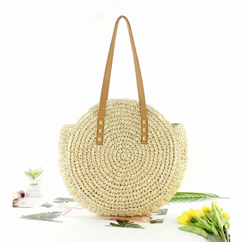Bohemian Grass Bag Vintage Hand Woven Zipper Closure Shoulder Storage Bags