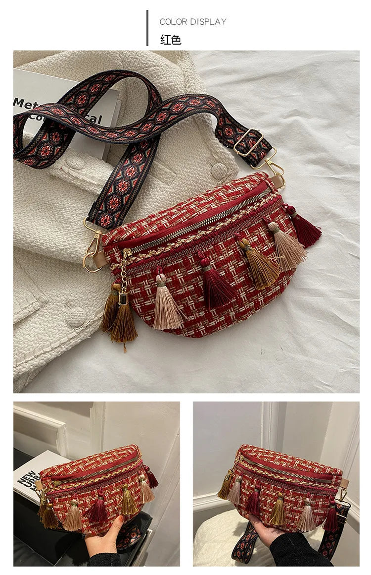 Women Plaid Fringe Waist Bag Ethnic Macrame Fanny Pack