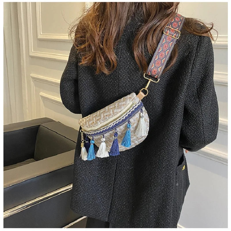 Women Plaid Fringe Waist Bag Ethnic Macrame Fanny Pack