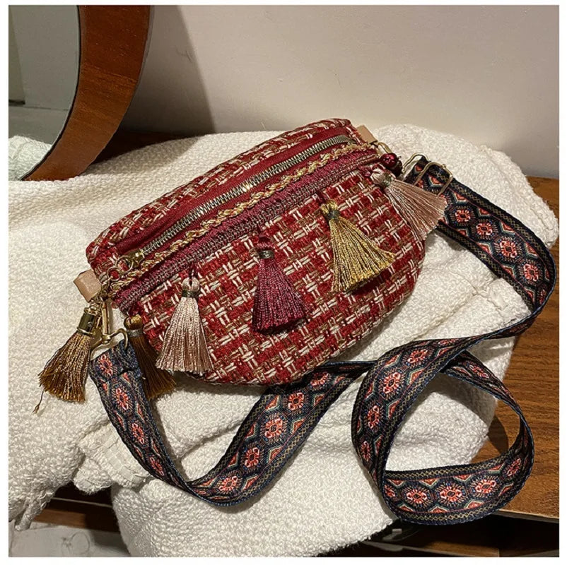 Women Plaid Fringe Waist Bag Ethnic Macrame Fanny Pack