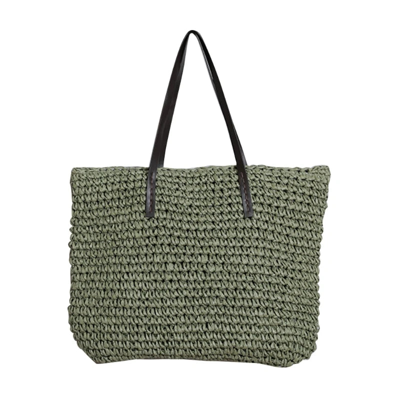 Boho Vintage Straw Tote Bag Faux Leather Zipper Closure