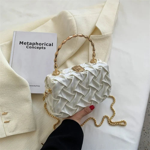 Braided Fabric Small Shoulder Box Bag Metal Handle Crossbody Handbag Tote