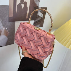 Braided Fabric Small Shoulder Box Bag Metal Handle Crossbody Handbag Tote