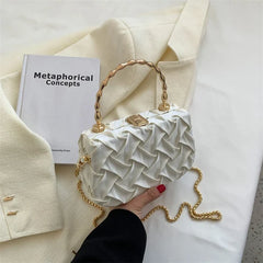 Braided Fabric Small Shoulder Box Bag Metal Handle Crossbody Handbag Tote