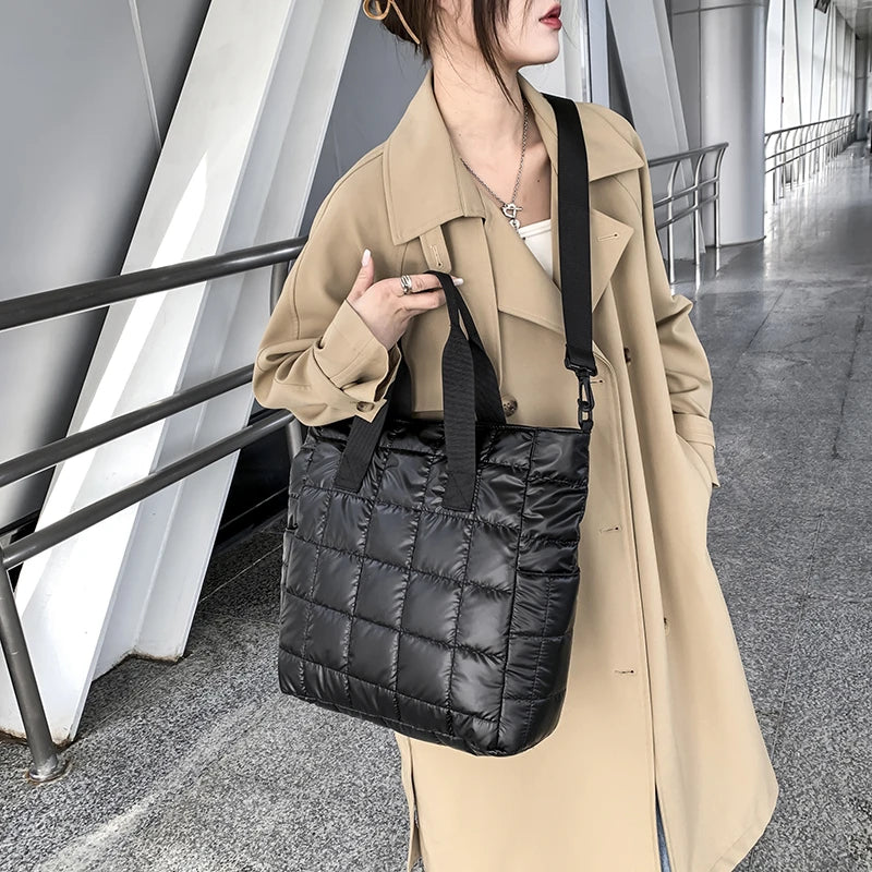 Women Shoulder Bag Check Fluffy Nylon Tote Bag Winter Warm