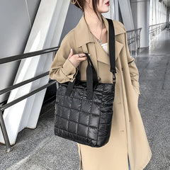 Women Shoulder Bag Check Fluffy Nylon Tote Bag Winter Warm