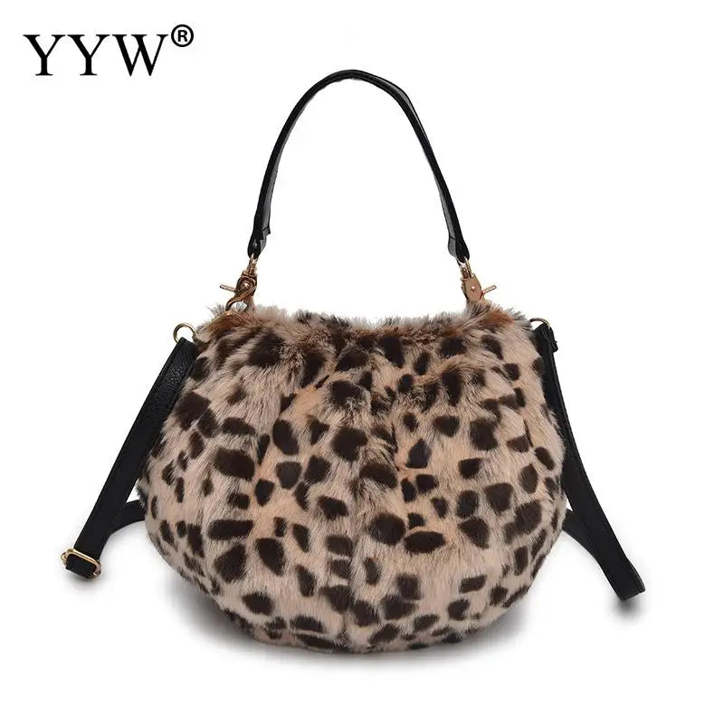 Leopard Print Bucket Bag Plush Shoulder Tote Crossbody Winter Handbag