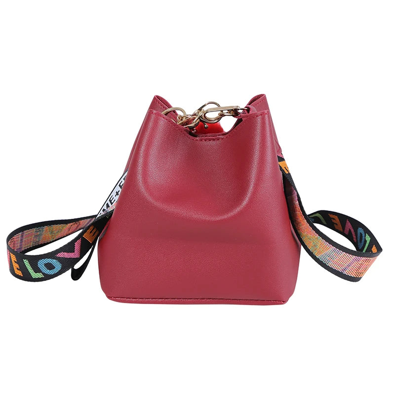 Women Buckets Bag Colorful Strap PU Leather Shoulder Bag