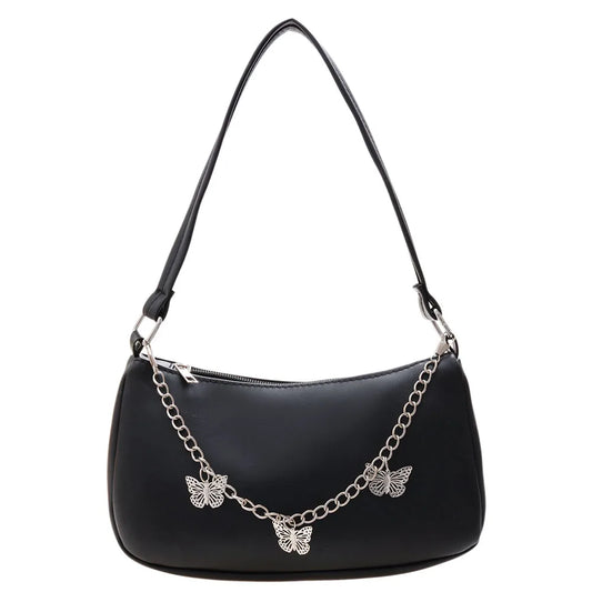 Women Butterfly Chain Shoulder Bag PU Leather Zipper Shopping Purse