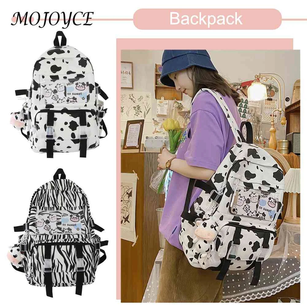 Women Canvas Backpacks Cow Printing Funny College Rucksack Large Capacity