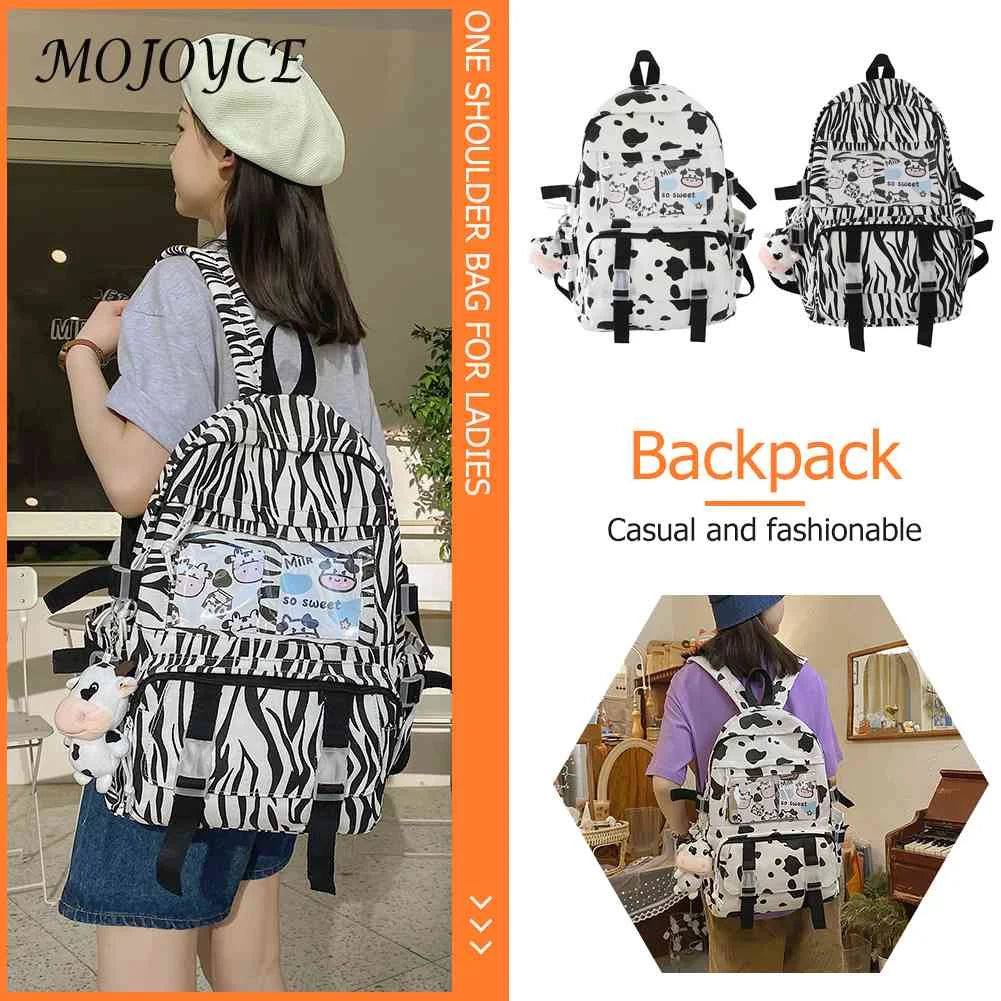 Women Canvas Backpacks Cow Printing Funny College Rucksack Large Capacity