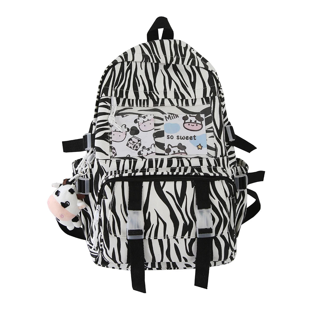 Women Canvas Backpacks Cow Printing Funny College Rucksack Large Capacity