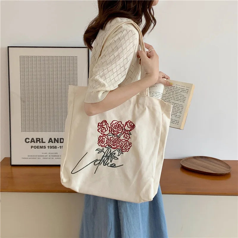 Embroidery Rose Tote Canvas Bag Large Capacity Shoulder Handbag Vintage
