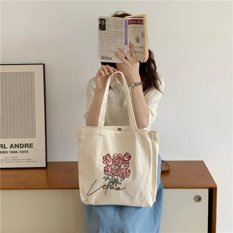 Embroidery Rose Tote Canvas Bag Large Capacity Shoulder Handbag Vintage