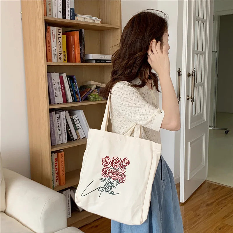 Embroidery Rose Tote Canvas Bag Large Capacity Shoulder Handbag Vintage