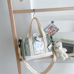Women Canvas Bag with Bear Pendant Small Shoulder Bags