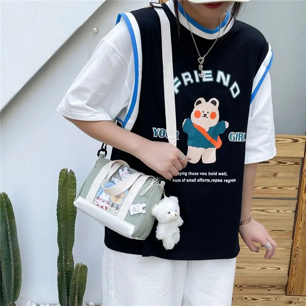 Women Canvas Bag with Bear Pendant Small Shoulder Bags