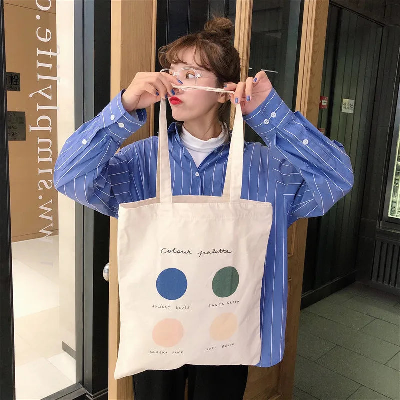 Dot Print Canvas Shoulder Bag Women Reusable Handbag