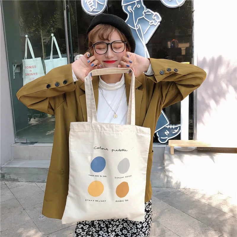 Dot Print Canvas Shoulder Bag Women Reusable Handbag
