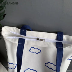 Clouds Printed Canvas Tote Bag for Girls