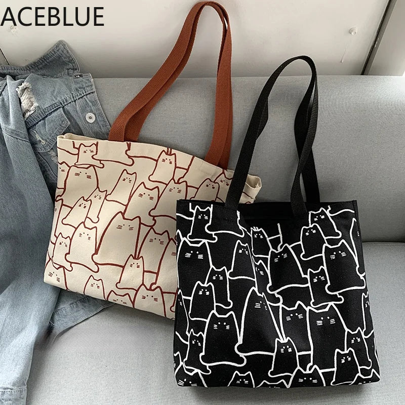 Canvas Cat Tote Bag with Zipper