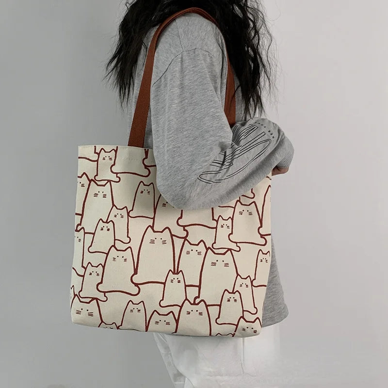 Women Canvas Handbag Large Capacity Shopper Bag Cat Tote Bag with Zipper