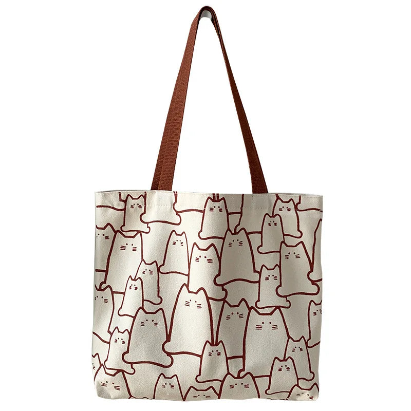 Women Canvas Handbag Large Capacity Shopper Bag Cat Tote Bag with Zipper