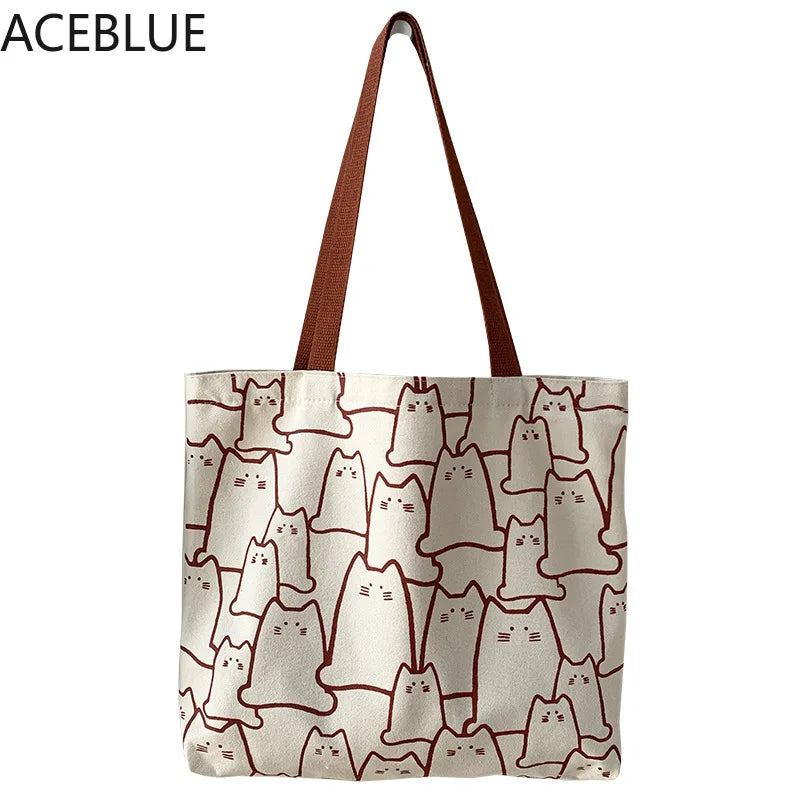 Canvas Cat Tote Bag with Zipper