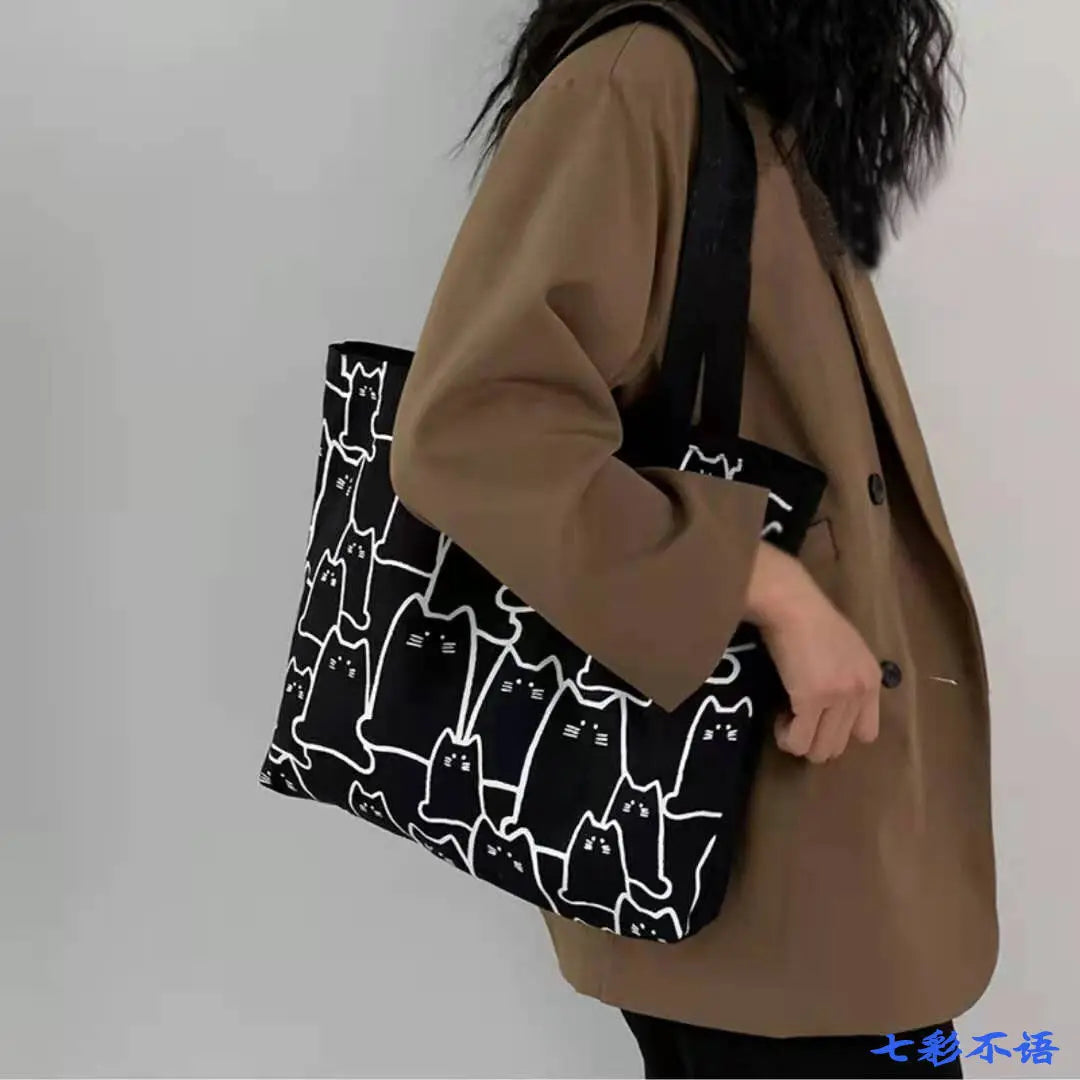 Canvas Cat Tote Bag with Zipper for Women