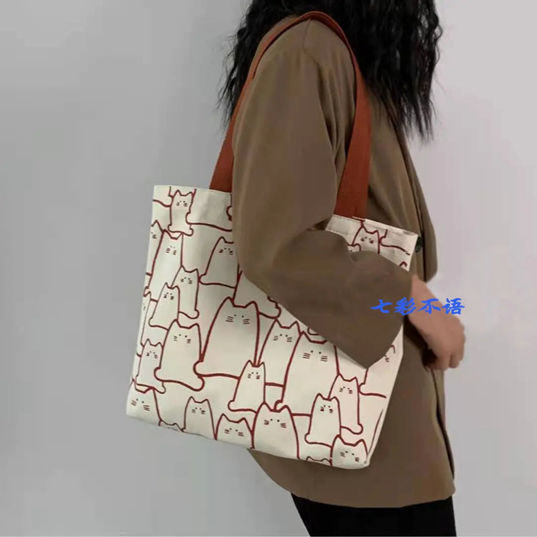 Canvas Cat Tote Bag with Zipper for Women