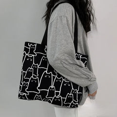 Women Canvas Handbag Large Capacity Shopper Bag Cat Tote Bag with Zipper