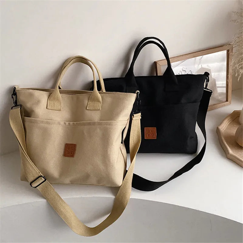 Women Canvas Handbag Shoulder Bag Solid Crossbody Bag Casual Tote