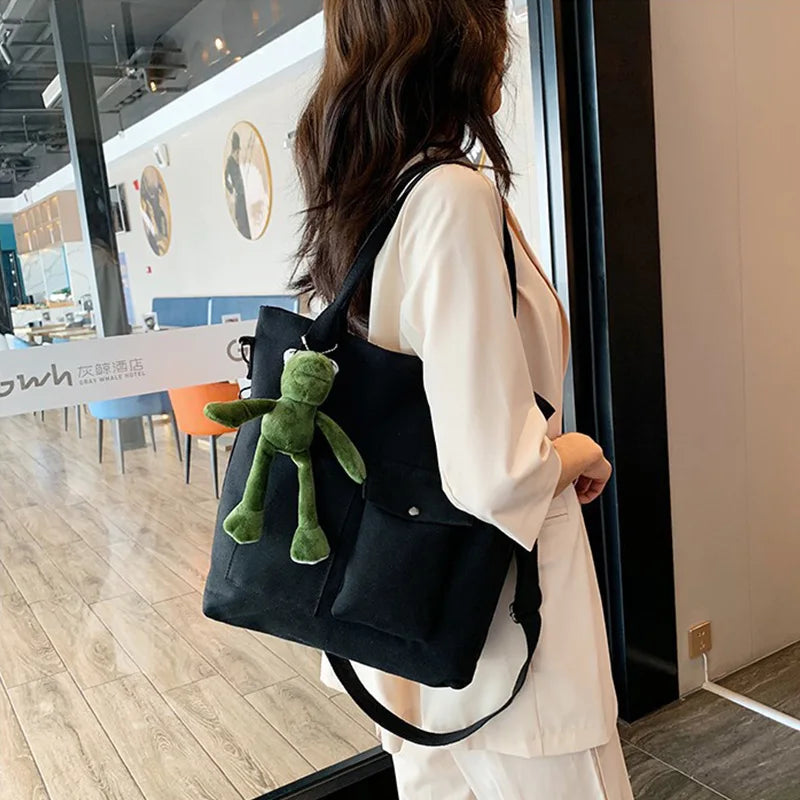 Vintage Women Canvas Shopper Tote Bag Solid Lady Shoulder