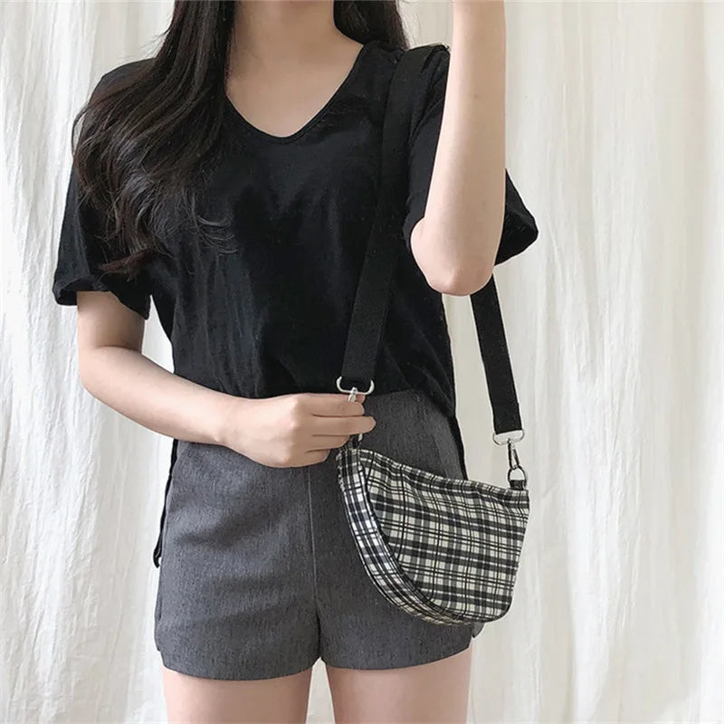 Canvas Saddle Handbag Small Plaid Crescent Shoulder Bag Irregular Hand Bags