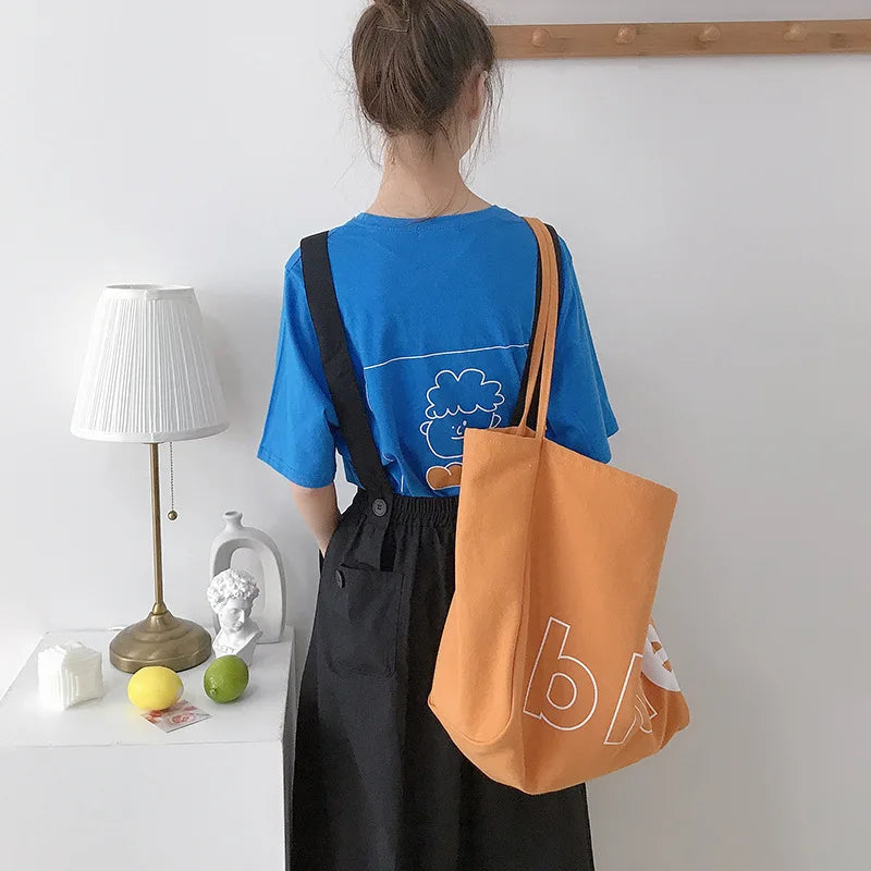 Women Canvas Shopping Bag Letters Print Eco Handbag Tote