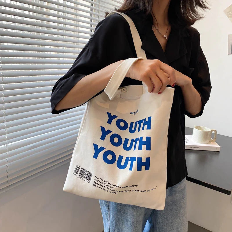 YOUTH Letters Print Canvas Shoulder Bag Eco Handbag Tote