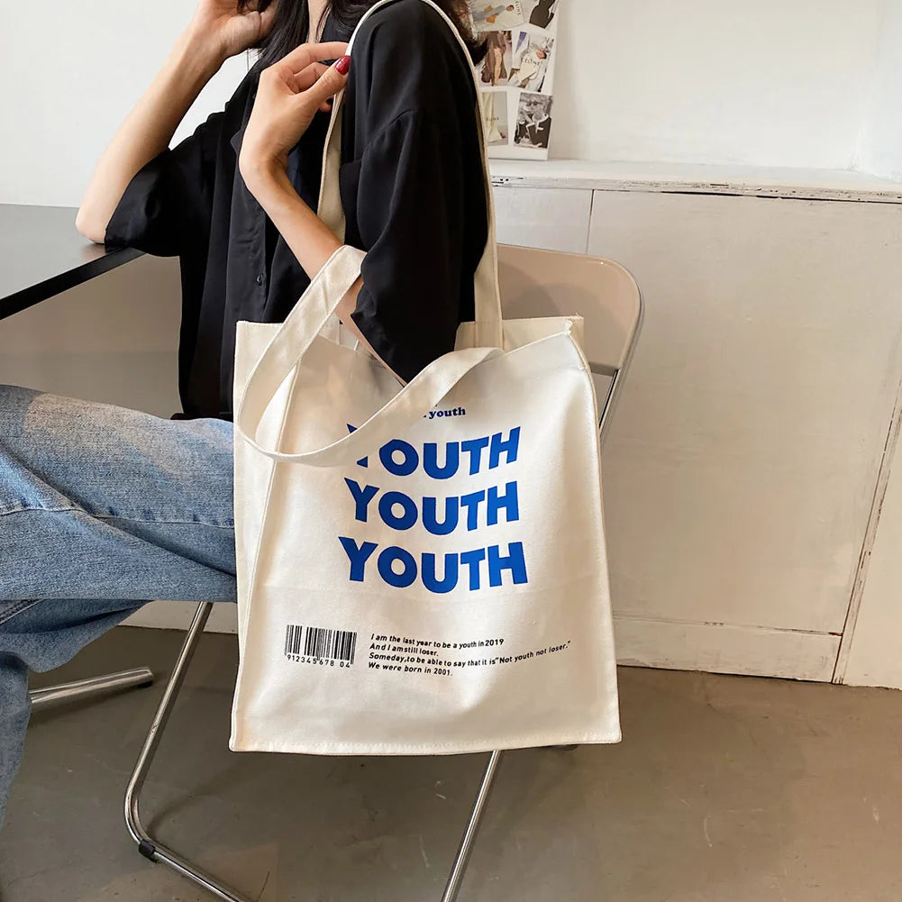 YOUTH Letters Print Canvas Shopping Bag Female Eco Handbag Tote