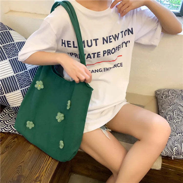 Women Canvas Shoulder Bag Bright Daisies Cotton Cloth Handbag Female