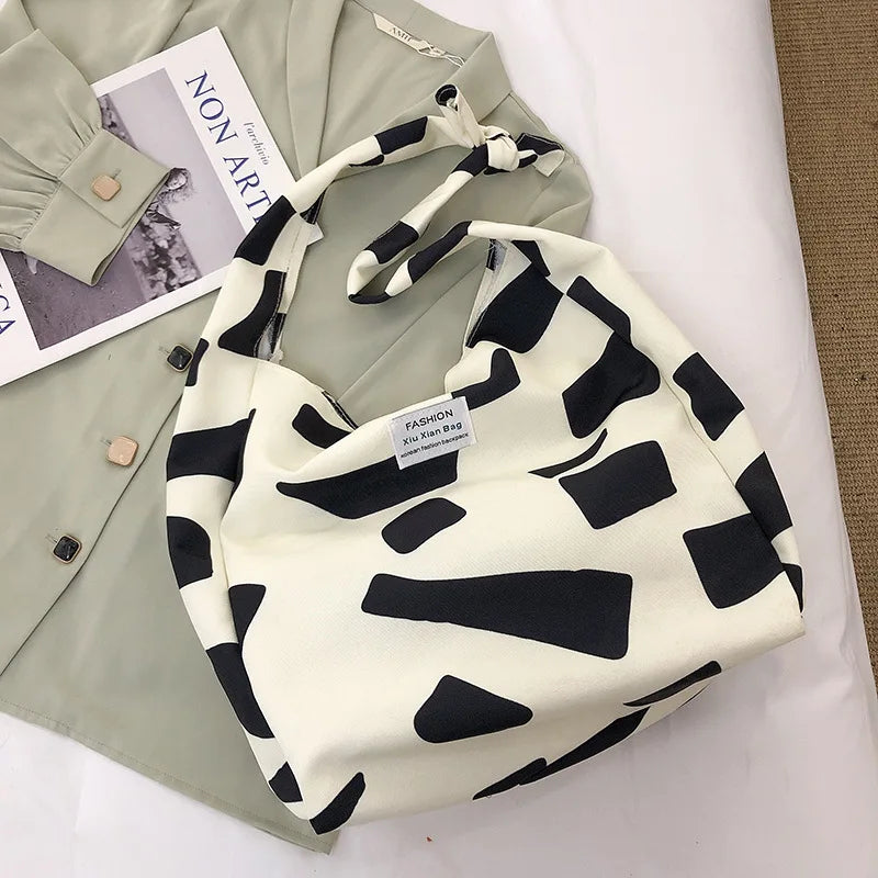 Women Canvas Shoulder Bag Cow Print Shopping Bags Style Tote Handbag