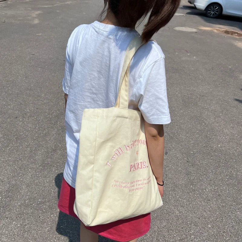Embroidered Canvas Shoulder Bag for Daily Shopping and School