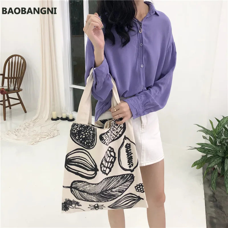 Leaf Print Canvas Shoulder Bag Large Capacity Shopping Handbag